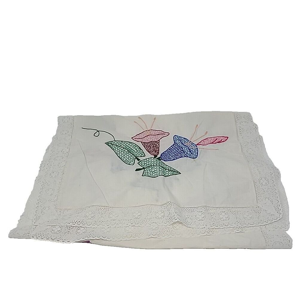 Vintage Hand Embroidered Table Runners Vanity Cover Colorful Spring Floral 55"